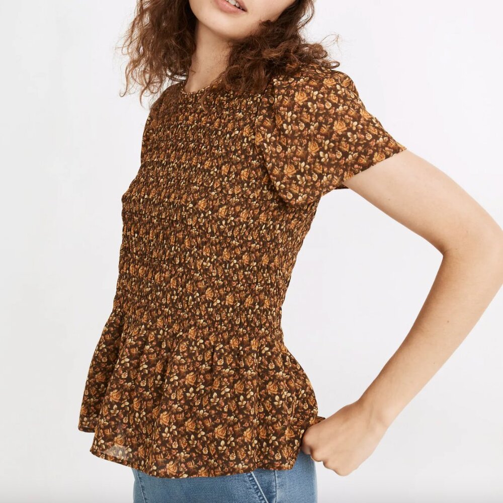 NWT Madewell Georgette Lucie Flutter-Sleeve Smocked Peplum Top, Sz XS